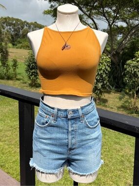 Free People Intimately High Neck Crop Tank XS/S Mustard Gold Stretch